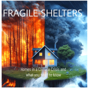 House divided between forest fire and lush greenery, symbolizing climate impact