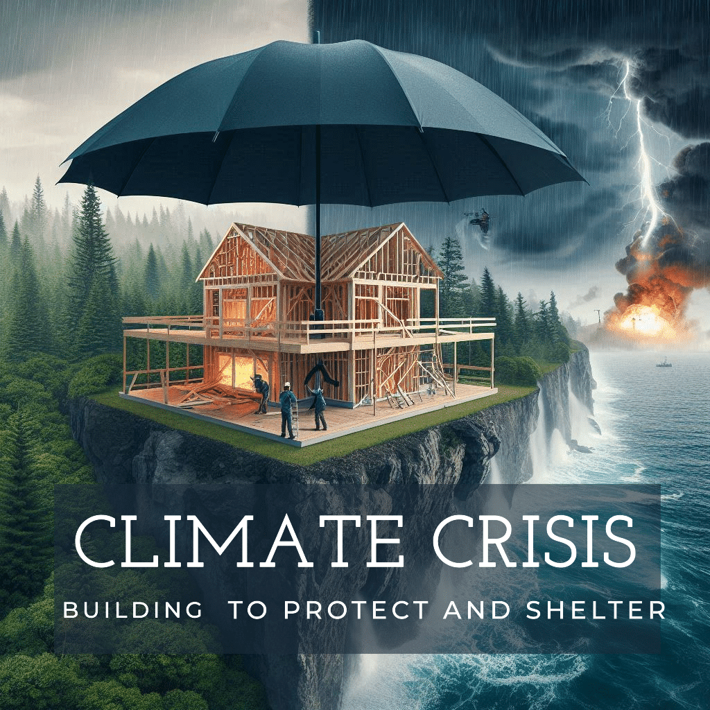 House construction under umbrella, symbolizing climate crisis protection