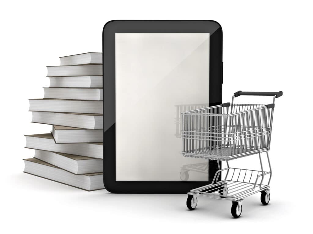 E-reader with books and a shopping cart highlighting digital and physical shopping