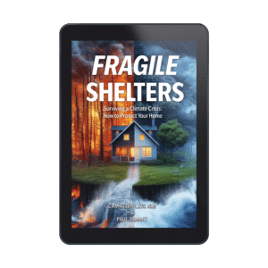 Ebook cover of 'Fragile Shelters' showing climate crisis impact on home
