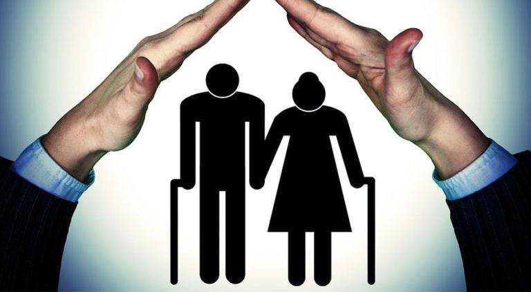 Hands shielding elderly couple icon symbolizing care and protection