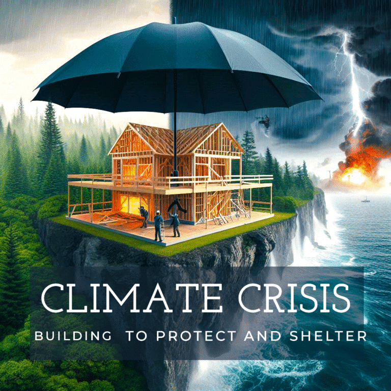 Climate crisis infographic with house under umbrella on a cliff