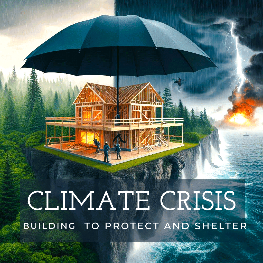 Climate crisis infographic with house under umbrella on a cliff