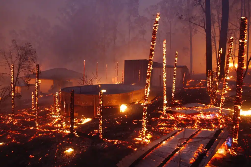 Forest fire with burning trees and glowing embers in rural area