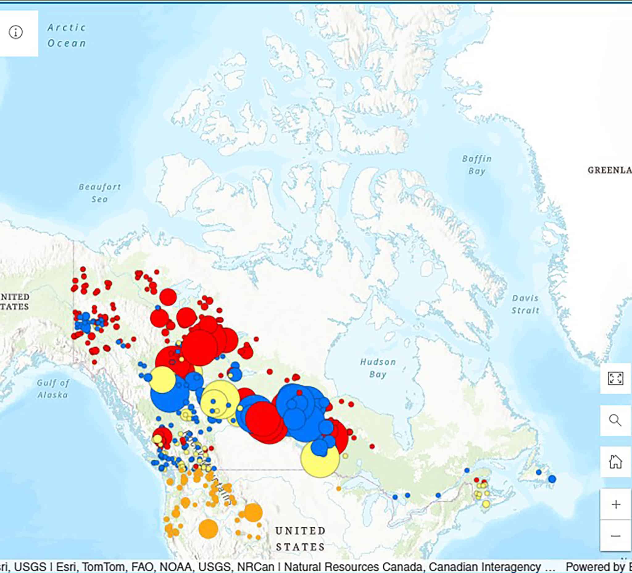 Interactive map of earthquakes in Canada with colour-coded circles