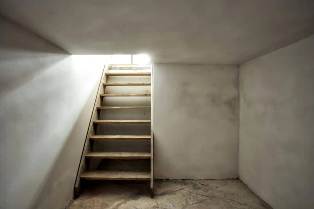 Wooden stairs leading to a dimly lit basement with concrete walls