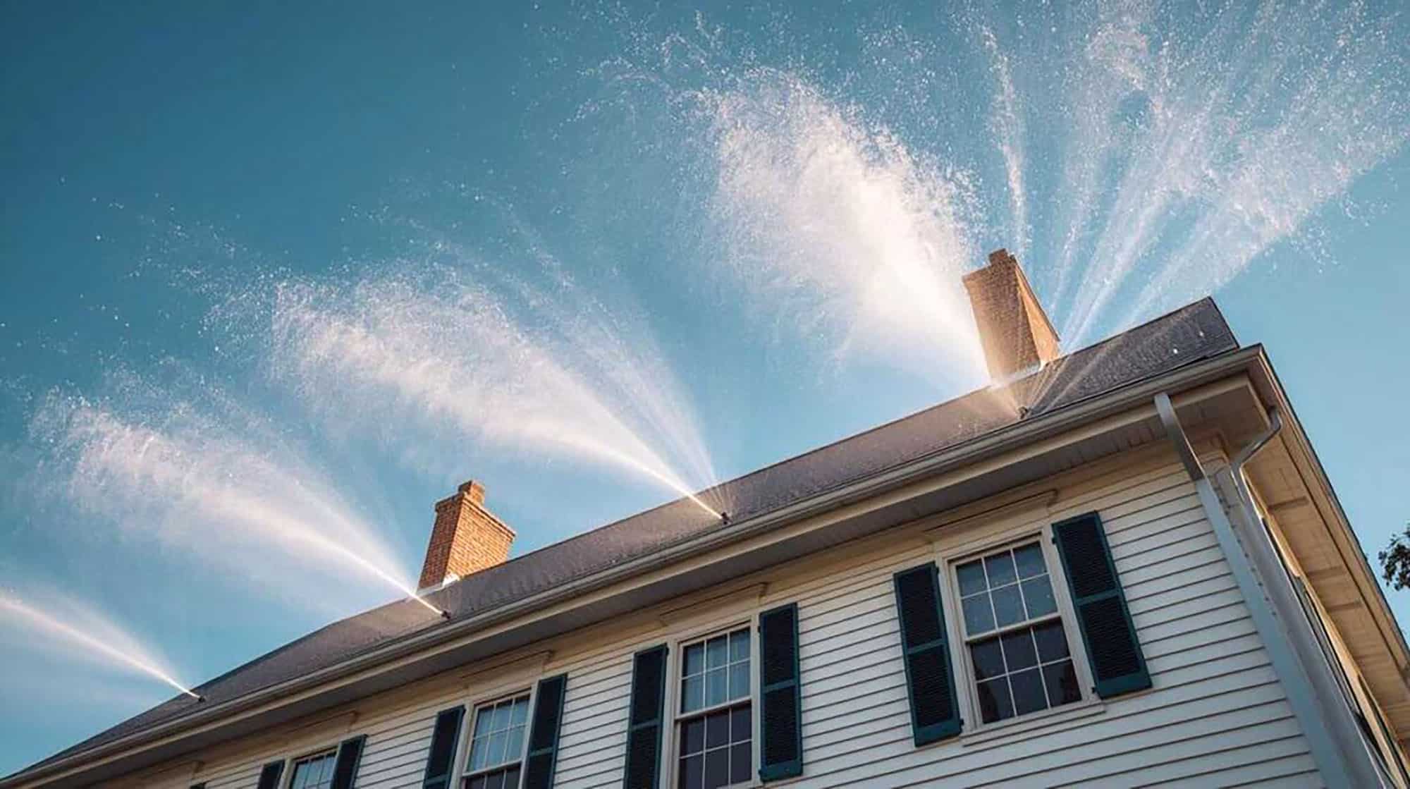 Sprinkler system on house roof preventing wildfire damage