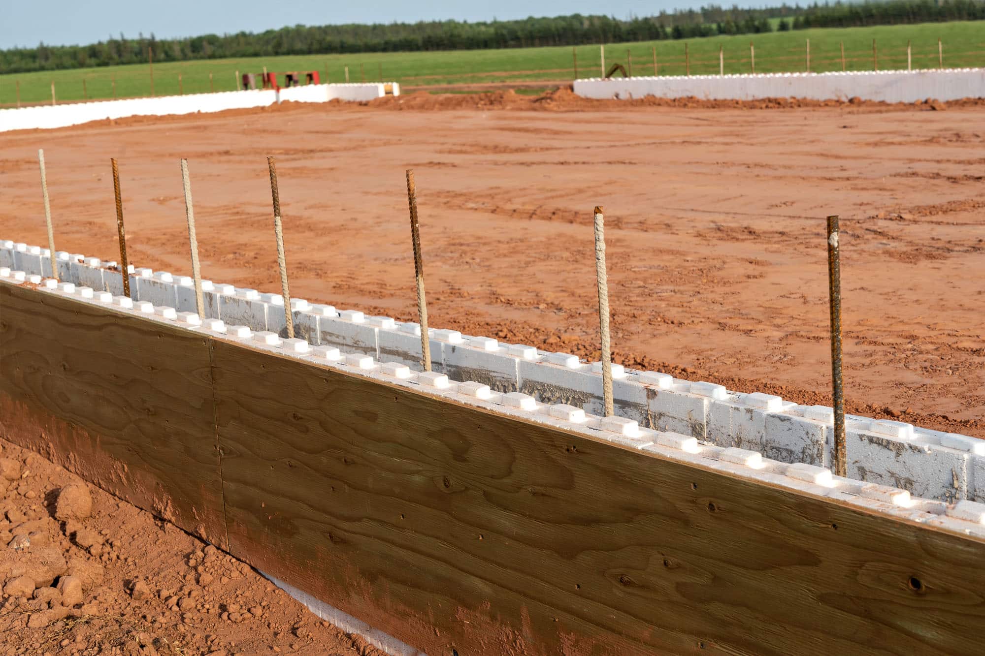 Wooden and foam blocks foundation on construction site