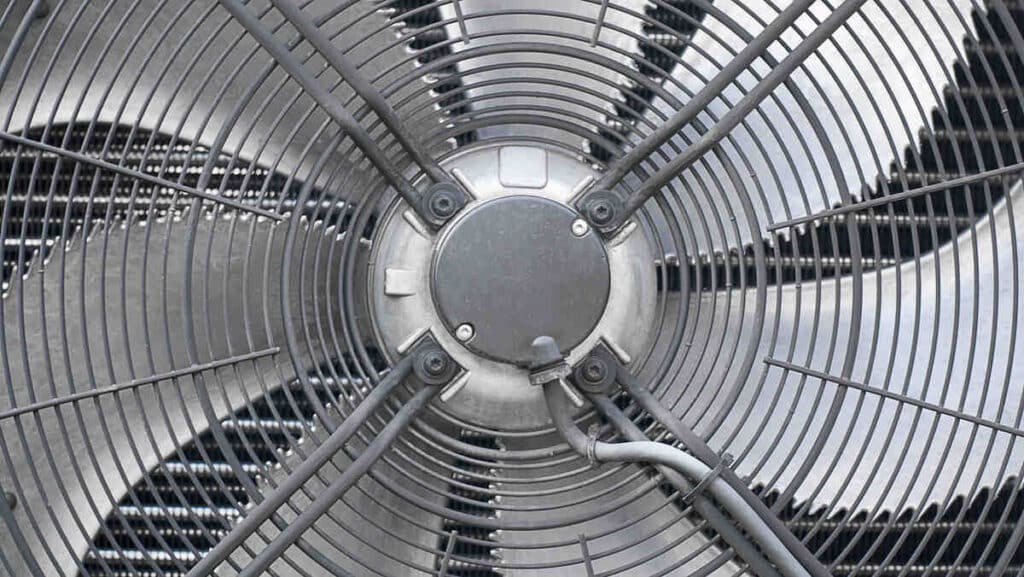Close-up of industrial ventilation fan with metal blades