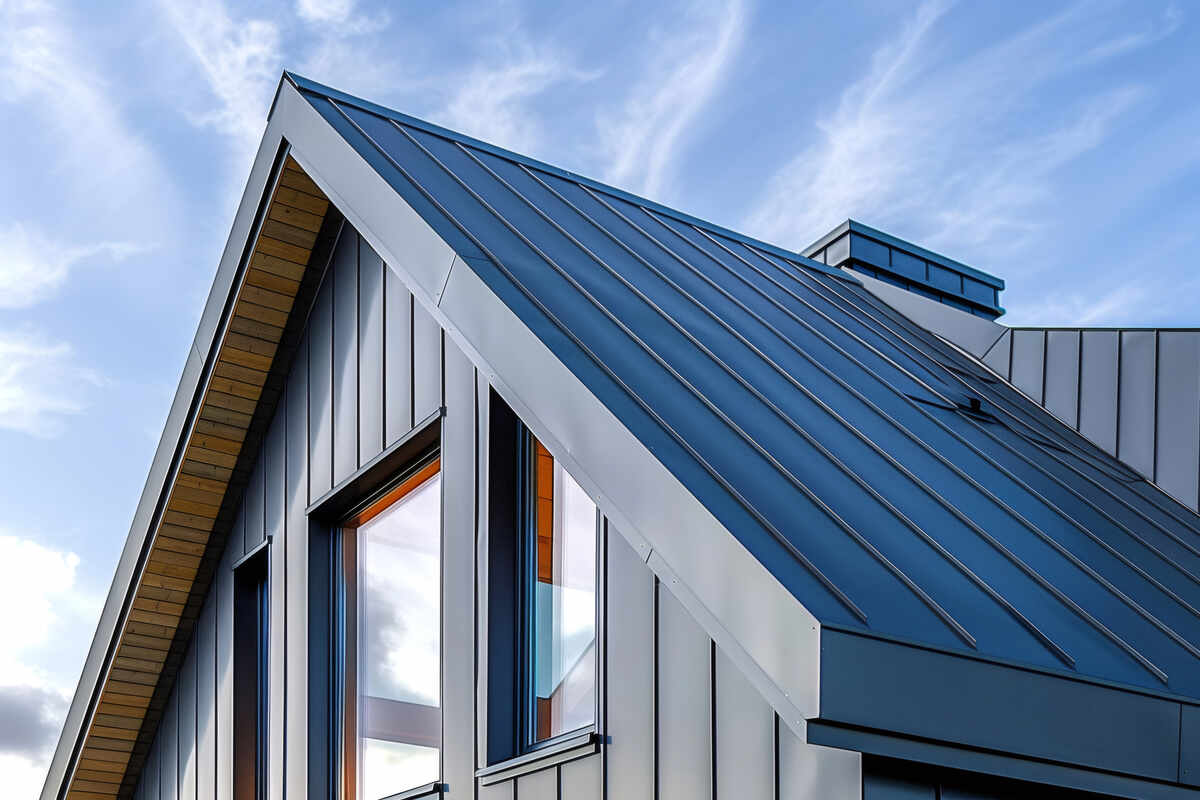 Modern house with metal roof and large windows against blue sky