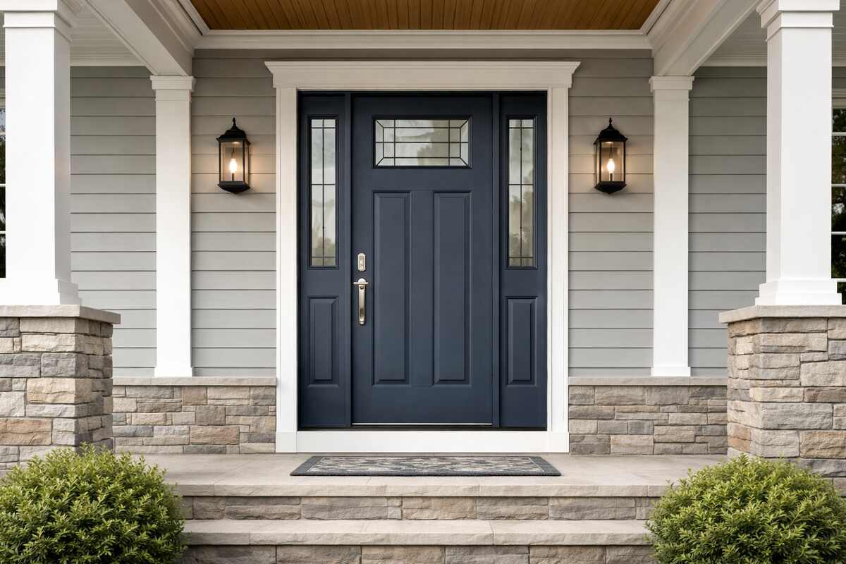 Stylish navy blue front door with sidelights on modern porch