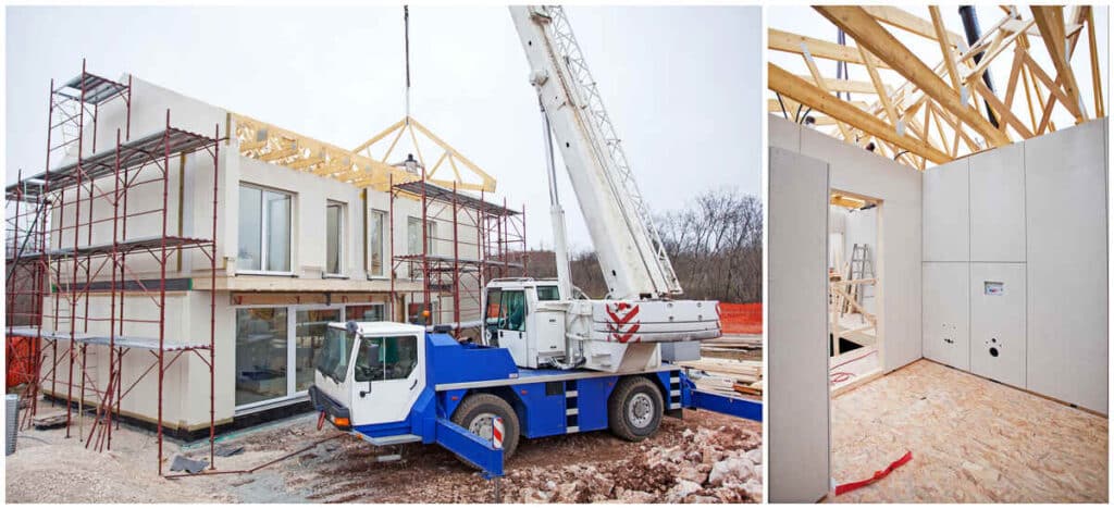 Prefabricated house construction with crane and scaffolding