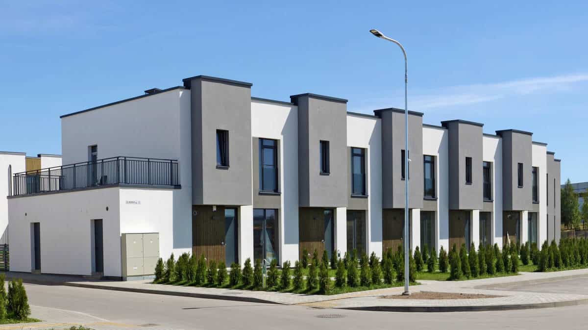 Modern row of two-storey townhouses with minimalist design