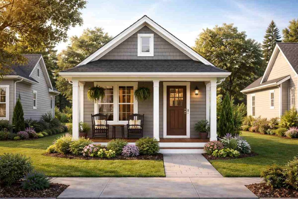 Charming grey cottage with front porch in lush greenery