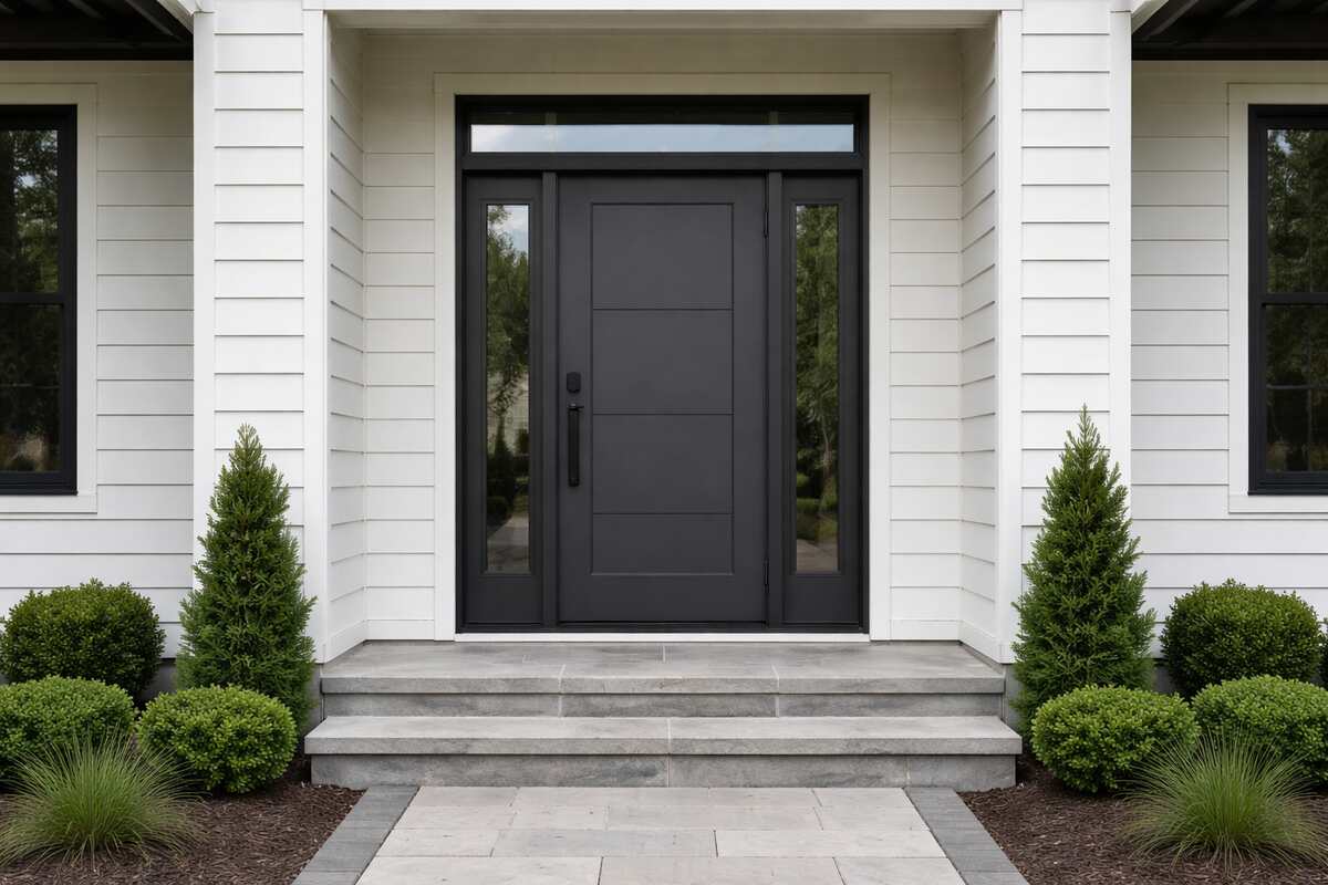 Modern black front door with white siding and symmetrical plants
