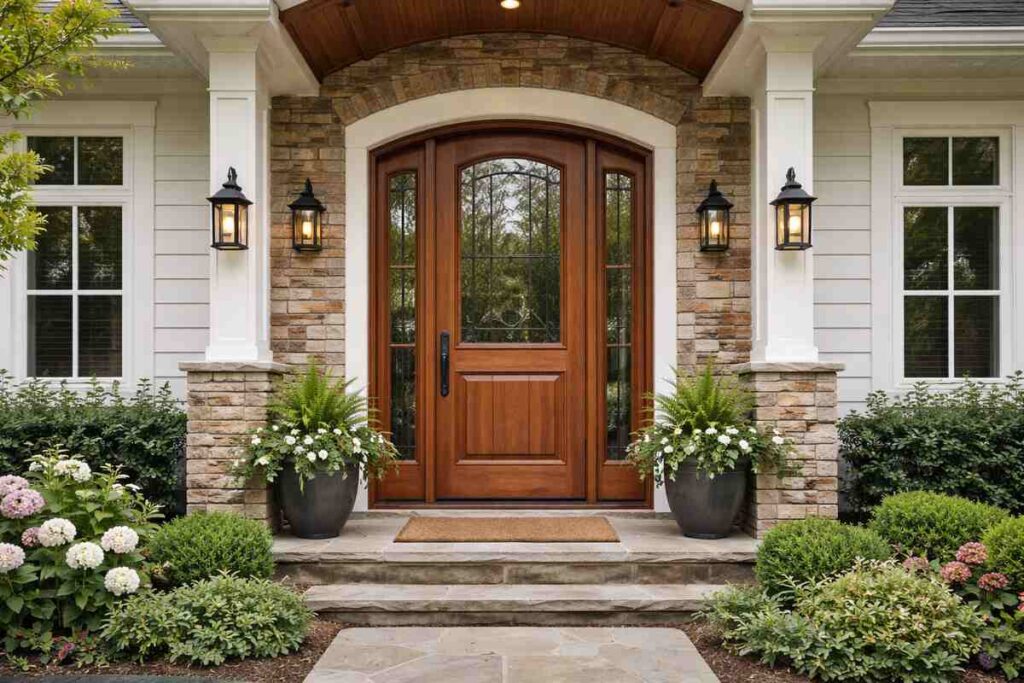 Elegant wooden front door with stone facade and vibrant garden