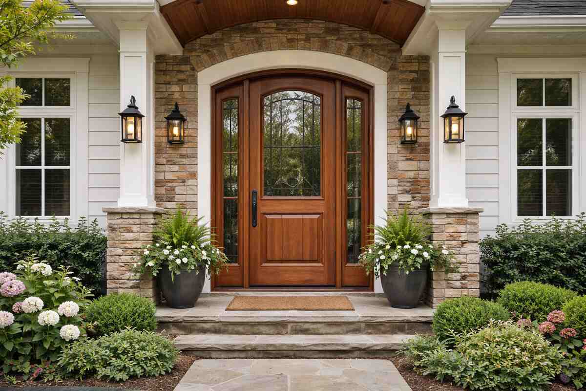 Elegant wooden front door with stone facade and potted plants