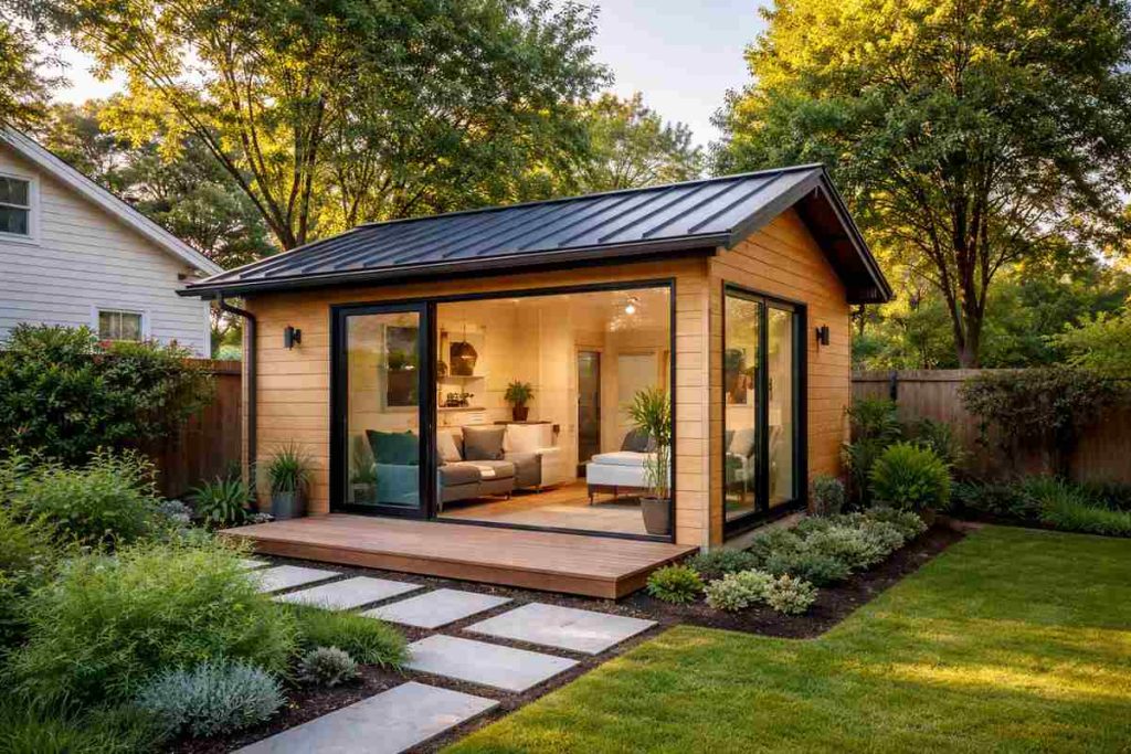 Modern backyard garden shed with large windows and lush landscaping