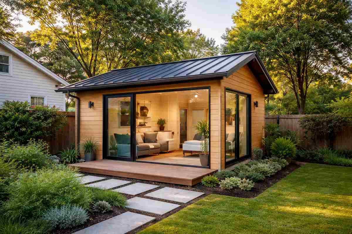 Modern backyard garden shed with large windows and lush landscaping