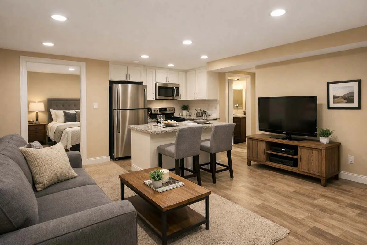 Modern open-concept living room and kitchen in a stylish apartment