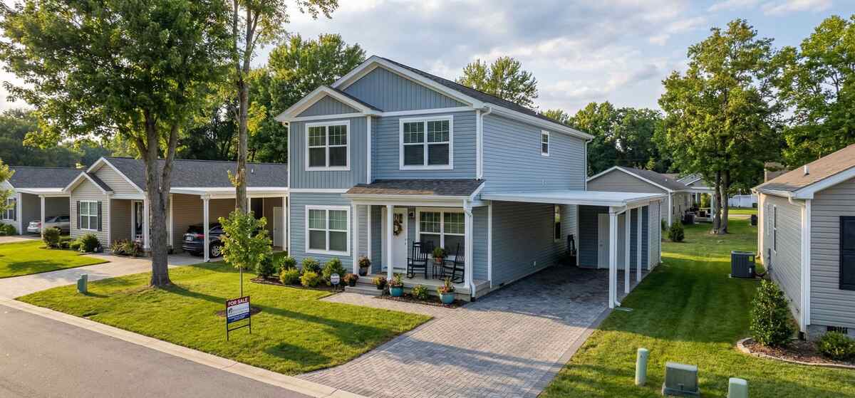 Modern suburban house with manicured lawn and carport