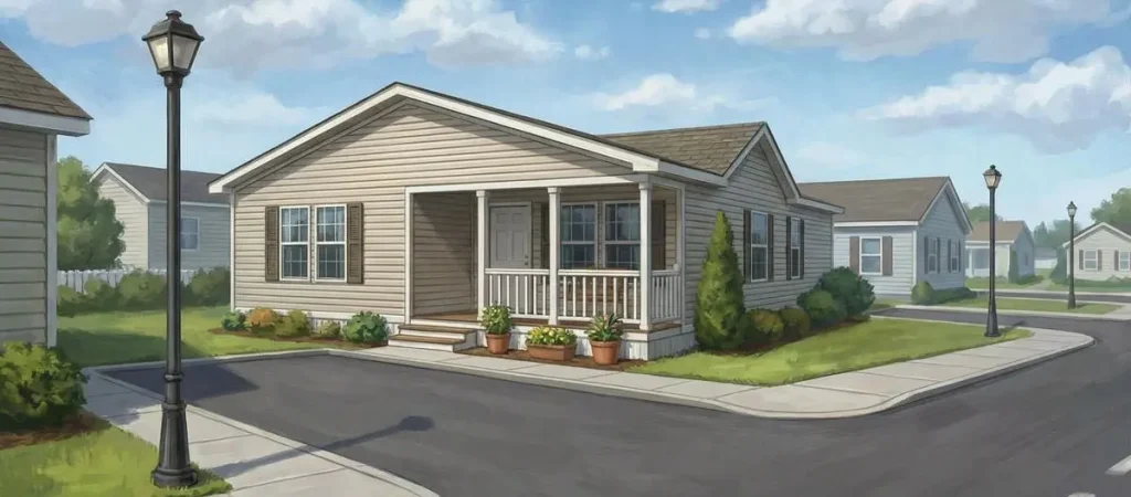 Modern suburban neighbourhood with single-storey houses and well-kept lawns