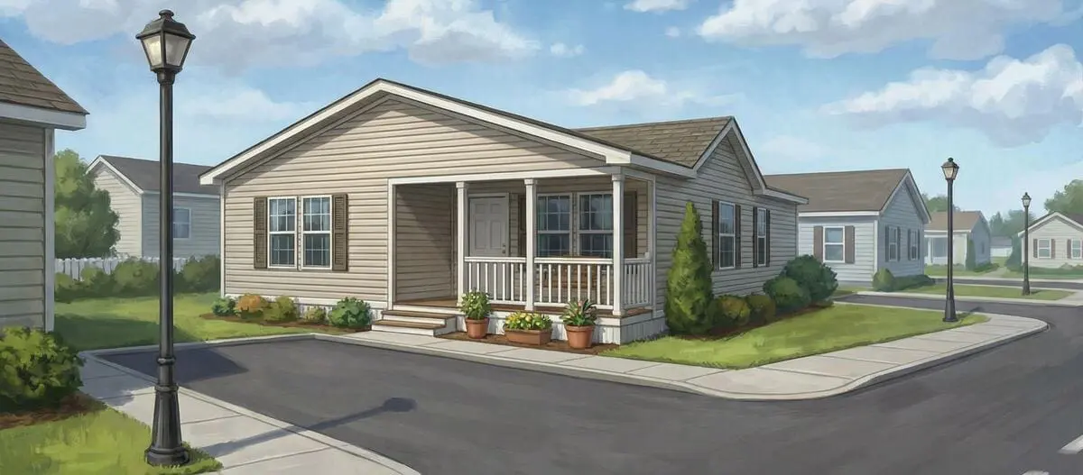 Modern suburban neighbourhood with single-storey houses and well-kept lawns