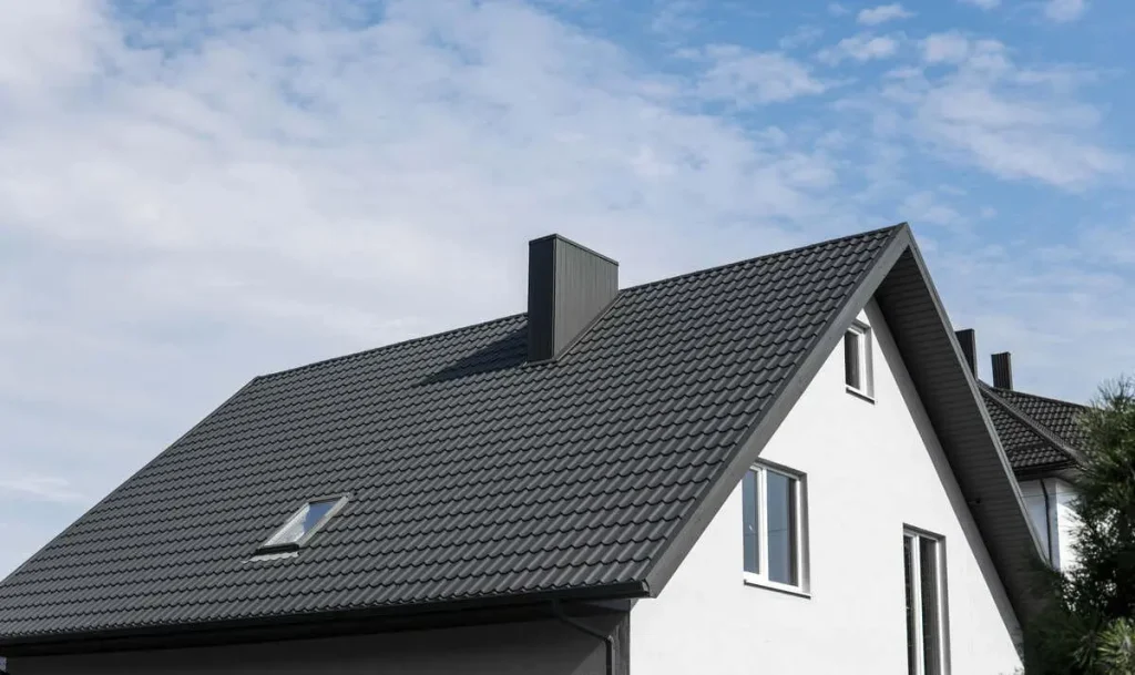 Modern house with grey roof and skylight against blue sky
