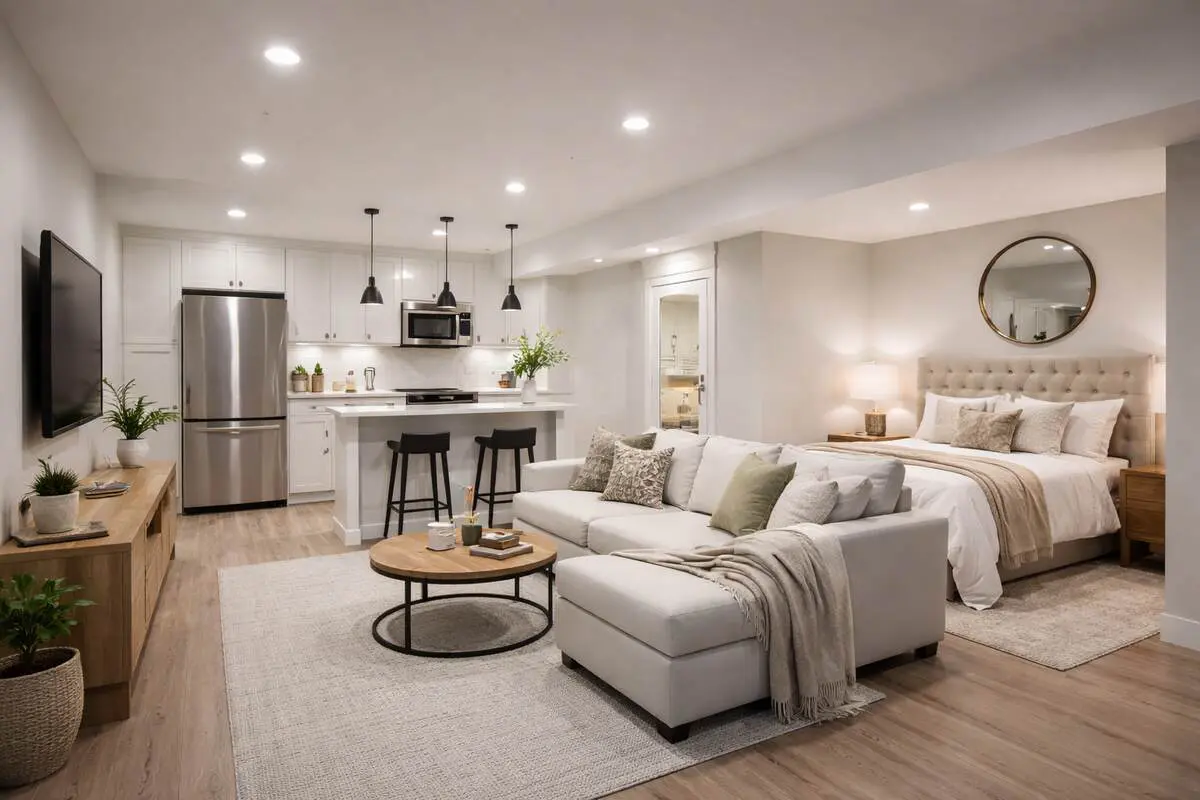 Modern open-concept studio with kitchen, living area, and bed