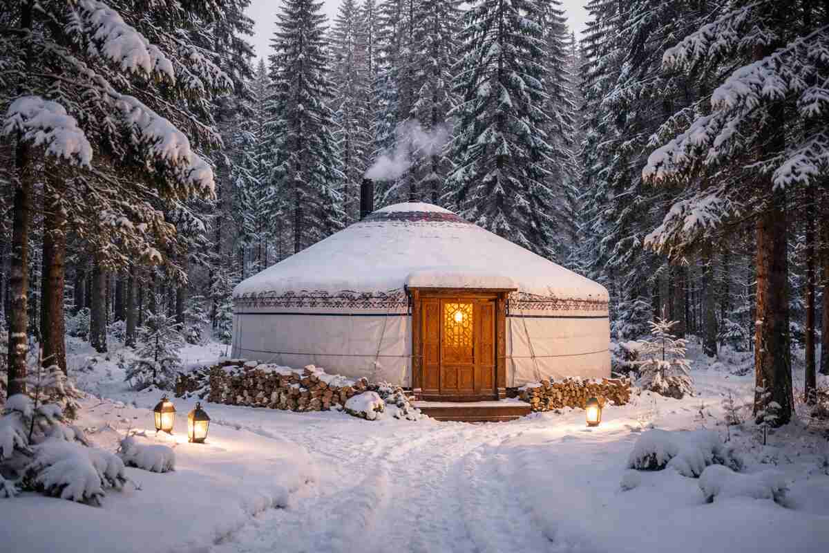 Snow-covered yurt in a serene winter forest setting