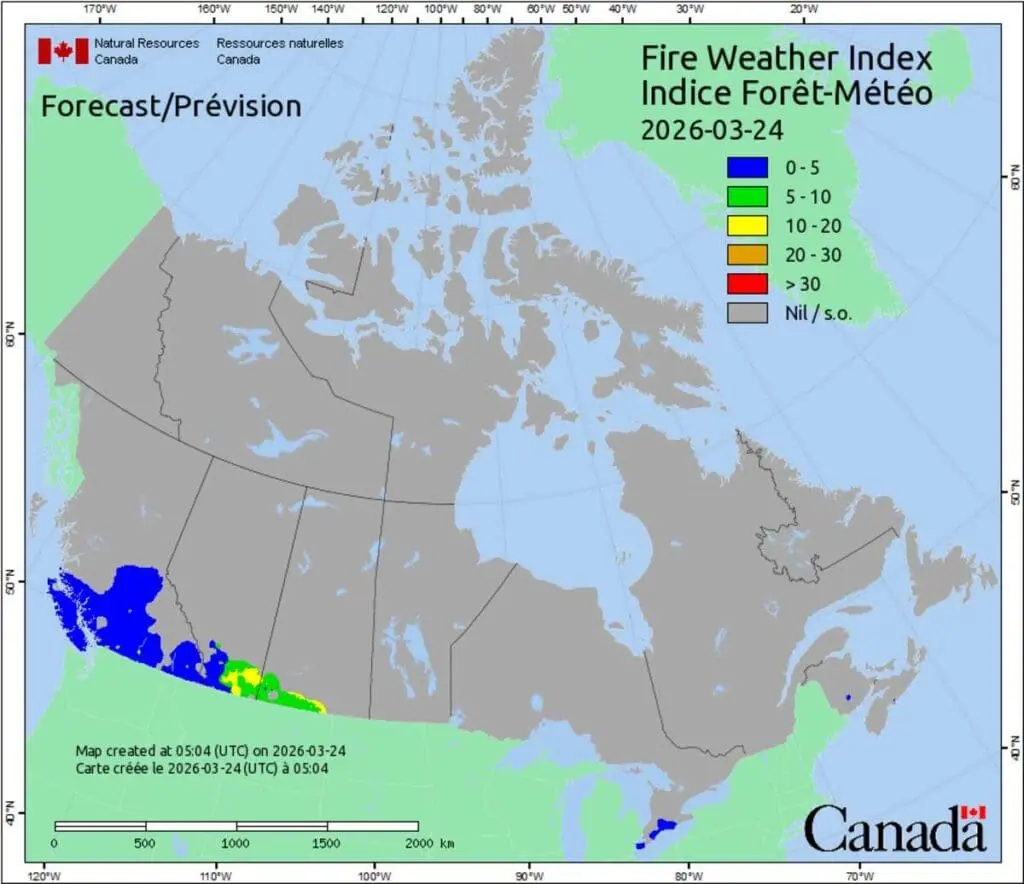 Canada fire weather index map forecast for March 24, 2026