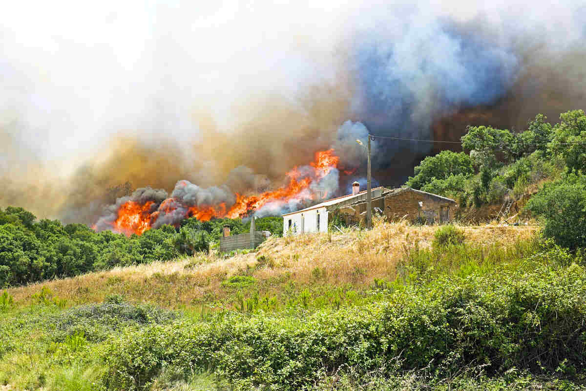 Forest wildfire nears isolated rural house with heavy smoke
