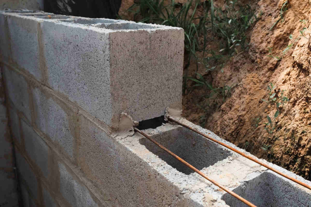 Concrete block wall construction with metal reinforcements in progress