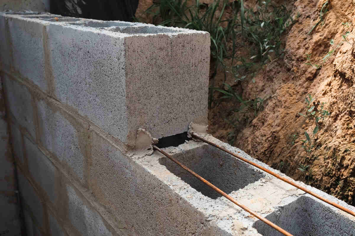 Concrete block wall construction with metal reinforcements in progress