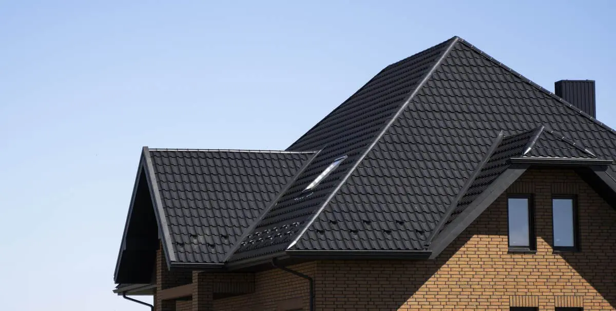Modern house with black tile roof under clear blue sky