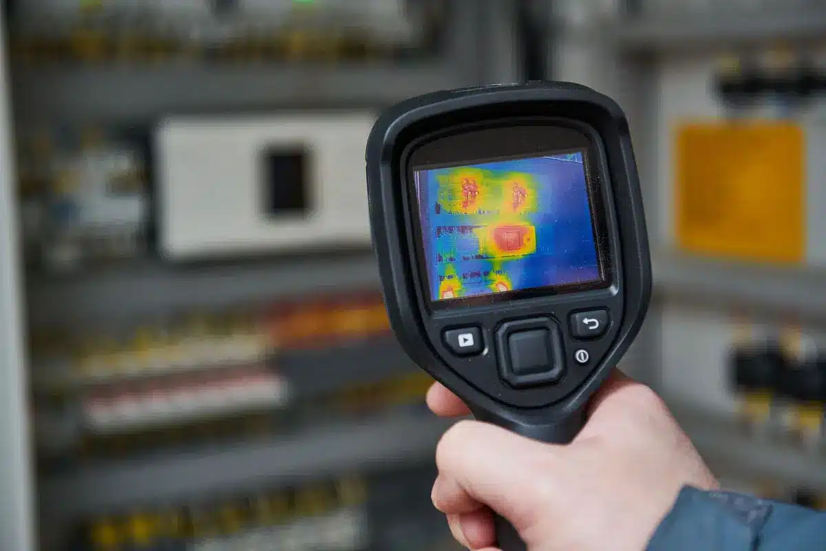 Infrared thermal camera inspecting electrical panel for heat issues