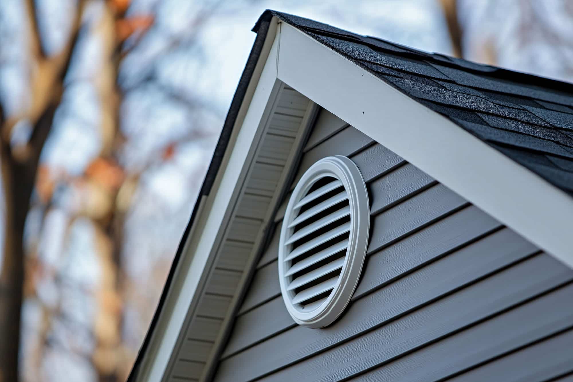 Close-up of a gable vent on a grey house with autumn trees in the background