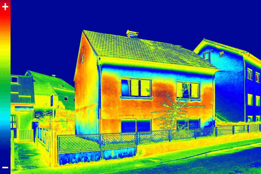 Thermal image showing heat loss in residential houses