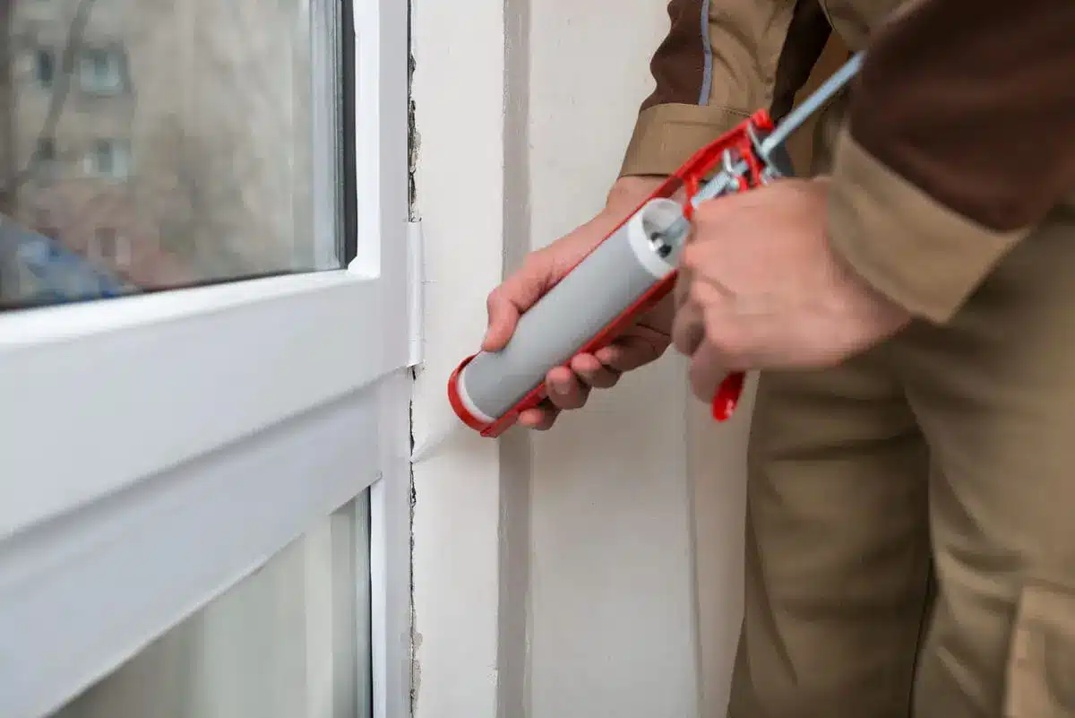 Applying caulking to window frame for home insulation