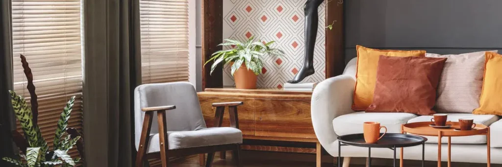 Modern living room with retro decor and earth tones