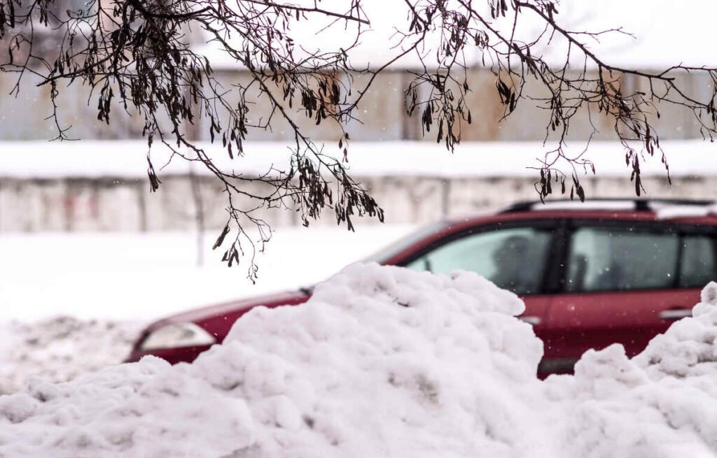 Snow-covered car behind trees on a winter day